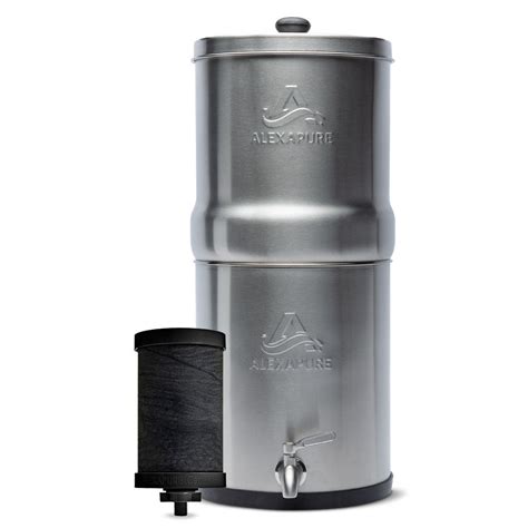 Contents include: One filter, one slip resistant ring, one stainless steel base, one stainless steel top, one stainless steel lid, one spigot assembly, one lid handle assembly, three rubber stoppers. . Alexapure pro water filtration system